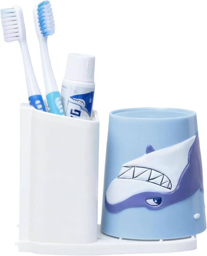 Lily's Home Kids Toothbrush Holder - 3D Shark Tumbler & Organizer Set - Fun Bathroom Storage Decor - Blue/White Design - Kids Bathroom Accessories - Space-Saving Holder for Toothbrush/Toothpaste