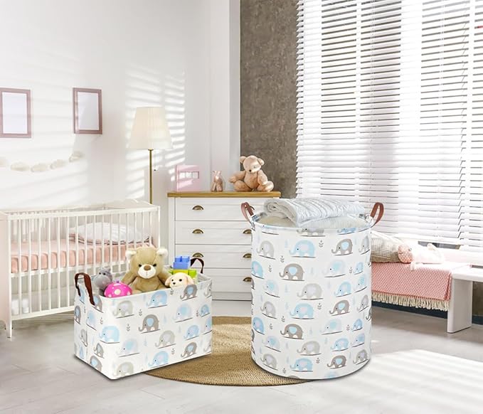 Rectangular Blue Elephant Storage Basket,Collapsible Gift Basket with Handles,Books Box,Room Decor(Blue Elephant)