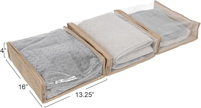 Household Essentials Under Bed Zippered Sweater Storage Bags with Clear Vision Panel, Set of 3, Latte Brown
