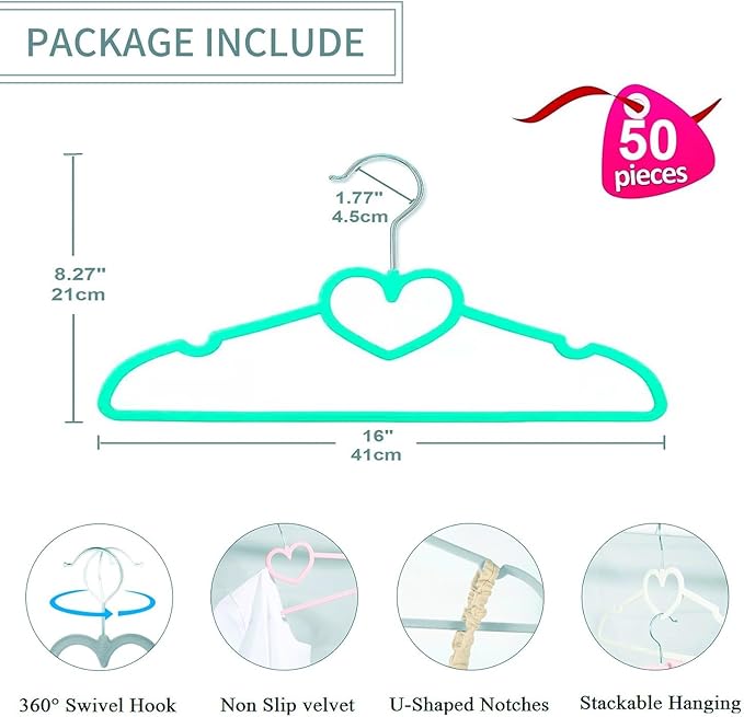Green Velvet Hangers 50 Pack, 16" Non Slip Adult Hangers, Slim Clothes Hanger with 360 Degree Swivel Hook - Durable & Cute