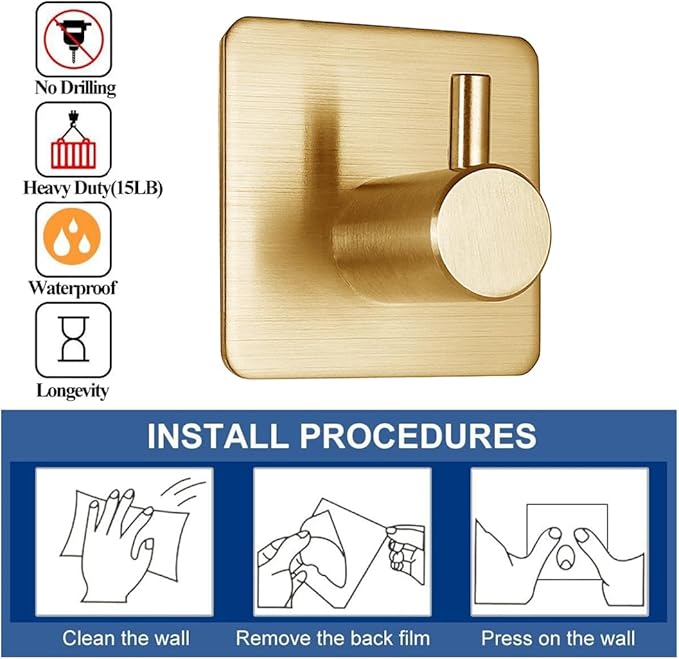 Gold Adhesive Hooks 15LB (Max), Non Tarnish Sticky Hooks for Hanging Towels, Coat, Backpack, Purse, Hat, Key, Self-Adhesive Towel Holder for Shower Closet Bathroom-4 Packs