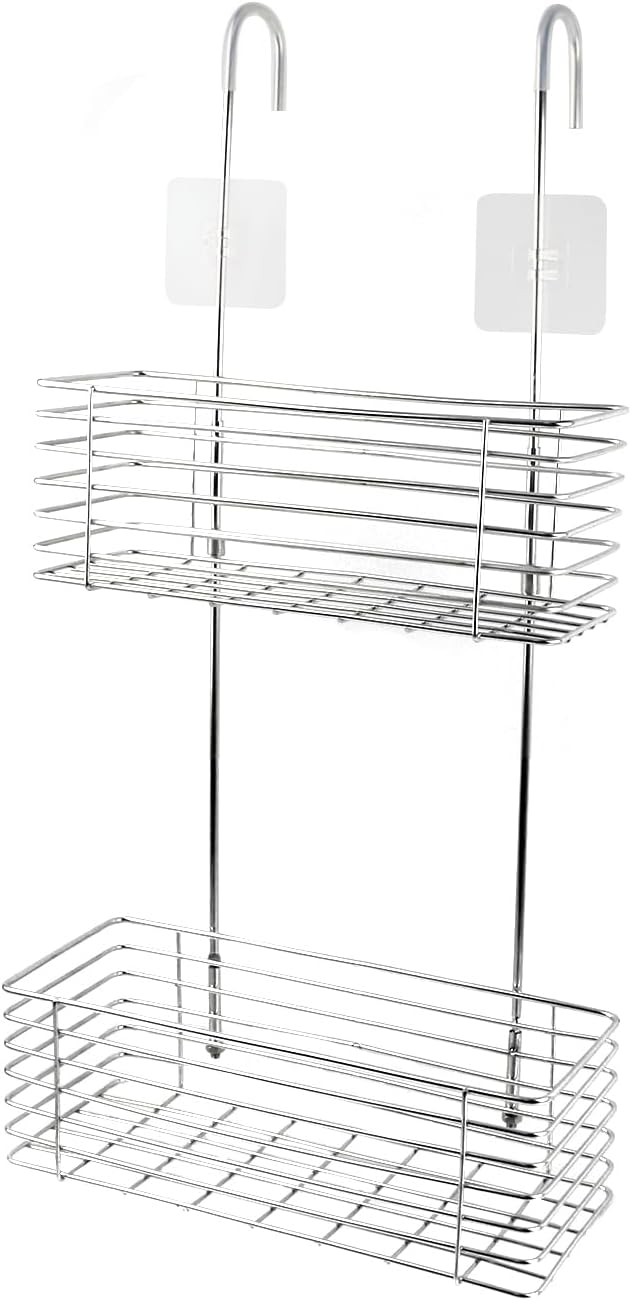 Antrader Hanging Shower Rack,Shower Caddy Hanging with Hooks,Hung on the Faucet or the Door,the Back Hook Can be Rotated,No Drilling,304 Stainless Steel,Double Layer-Silver