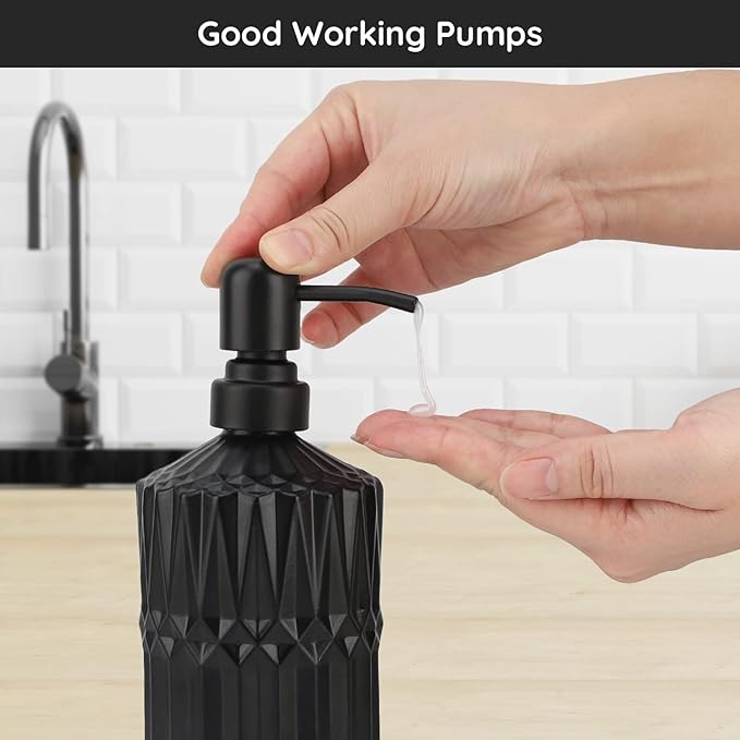 Segbeauty Black Soap Dispenser, 2pcs 15.2oz Glass Pump Bottles with Labels for Farmhouse Decor, 450ml Empty Refillable Kitchen Soap Dispenser Set Bathroom Accessories for Western Modern Home Decor