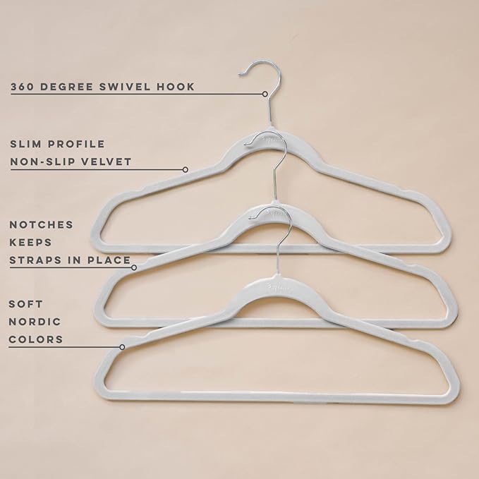 3 Sprouts - Adult Velvet Hangers - Non Slip Felt Clothing Hanger Set - Durable & Slim for Space Saving - Ideal Velvet Hangers for Organization - Lightweight Thin Clothes Hangers - Pack of 30 - Gray