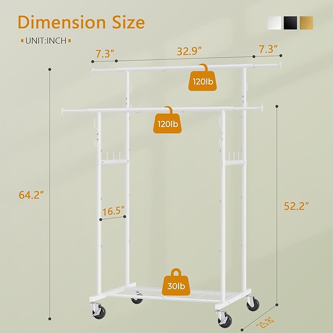 Gewudraw Double Rod Garment Rack, Heavy Duty Rolling Clothes Rack with Wheels For Hanging Clothes, Portable Metal Clothing Rack with Shelves,White, 64.2in Chrome