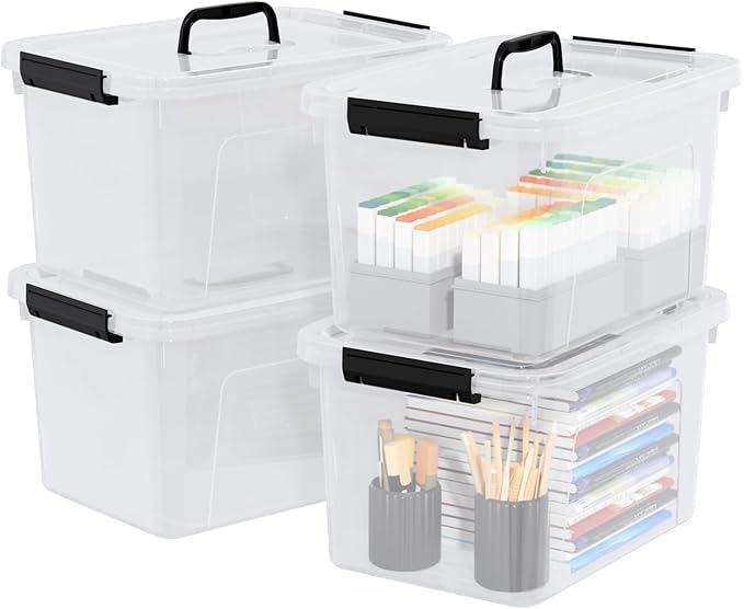 Haodehen 10 Quart Plastic Storage Bins with Lids and Handle, 4 Packs Clear Latching Box