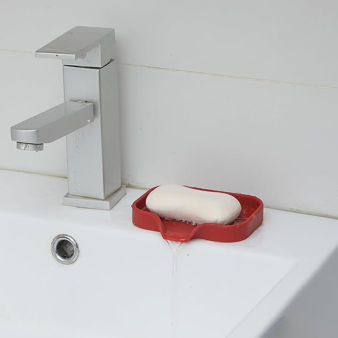 MicoYang Silicone Bathroom Soap Dishes with Drain Spout-Bathroom and Kitchen Sink Organizer,Sponge Holder,Dish Soap Tray,Perfect for Dispenser,Scrubber,Bottle,Cup on Sink or Counter-Red 4.9"×3.2"