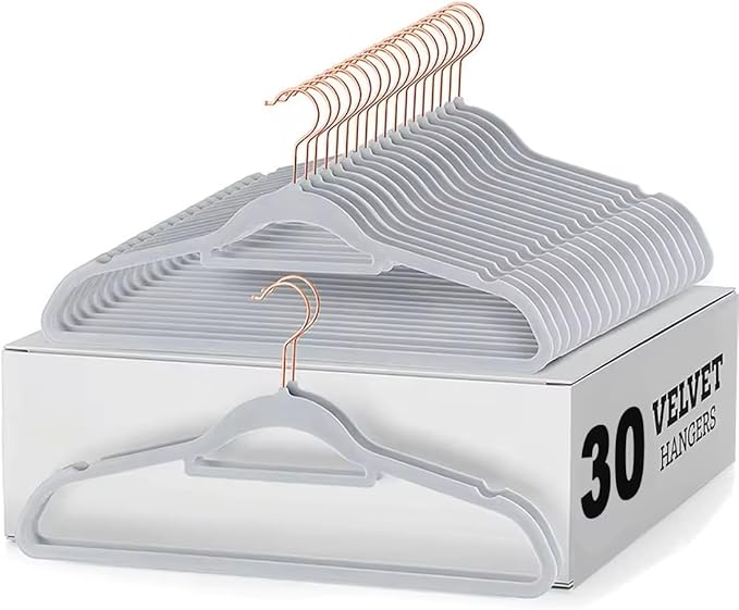 Generic 30pck Velvet Hangers - Heavy Duty Black Hangers for Coats, Pants & Dress Clothes - Non Slip Clothes Hanger Set - Space Saving Felt Hangers for Clothing - Black/Gray Hnagers (Gray, 30)