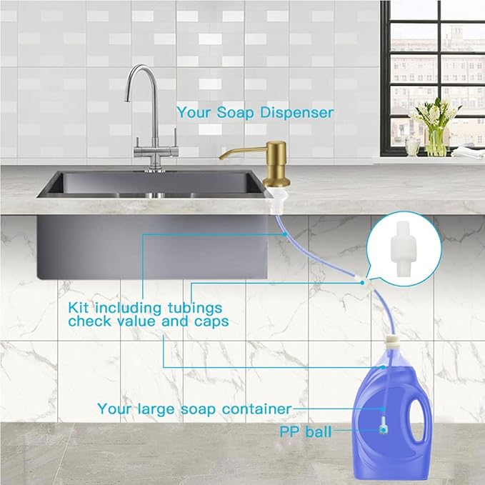 Dish Soap Dispenser for Kitchen Sink, Countertop Sink Soap Dispenser Water Pump with 47” No-Spill Extension Tube Kit Design for Kitchen Bathroom, Easy to Press, No More Refills （Golden）