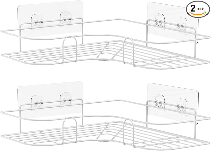 Moonlit Pond Corner Shower Caddy, 2 Pack Adhesive Shower Corner Organizer Shelves, No Drilling Stainless Steel Shower Storage Rack for Bathroom, Dorm and Kitchen, White