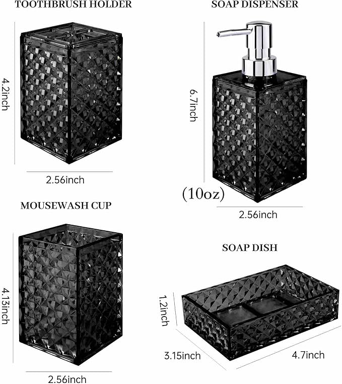 Bathroom Accessory Set, Grid Pattern 4 Pcs Plastic Bathroom Set Include Soap Dispenser, Soap Dish, Toothbrush Holder, Mousewash Cup, Modern Bahtroom Décor Set, Space Save for Bathroom(Black)