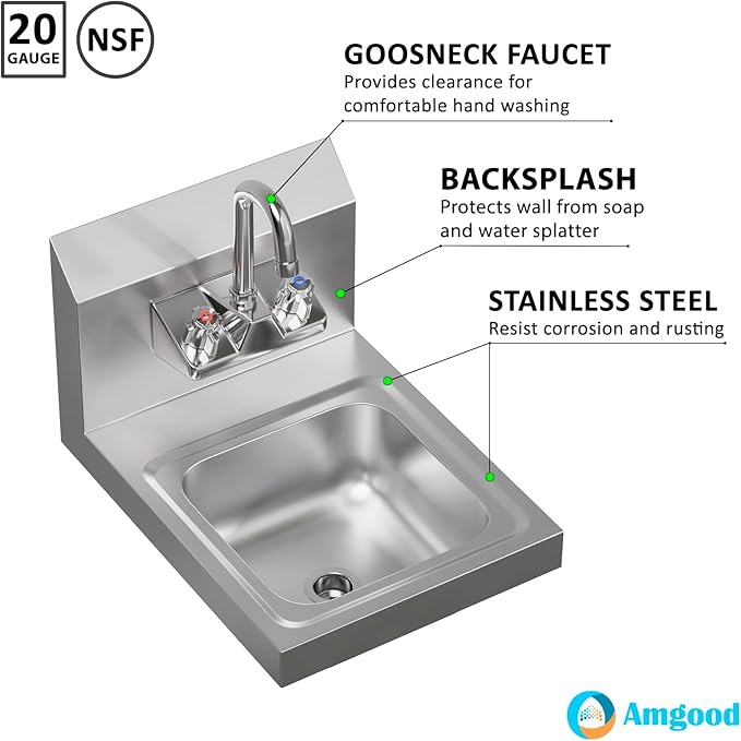 AmGood Stainless Steel Wall Mount Hand Sink 12" x 16" | NSF Commercial Hand Washing Basin with Faucet For Restaurant, Kitchen and Home | Bowl Size: 9" x 9"