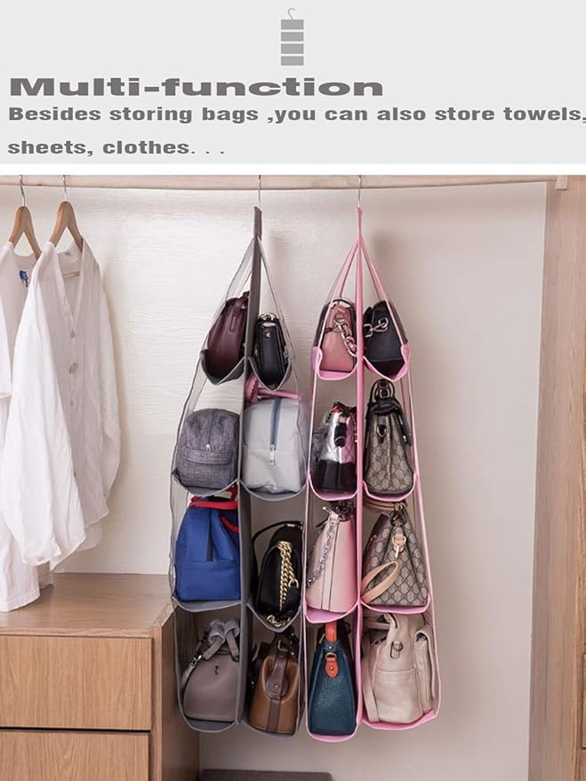 AARAINBOW 2 Packs Hanging Handbag Purse Organizer for Closet, Womens Purse Storage Organizers, Hand Bag Organizer Holder 8 Pockets Space Saving, 46 L x 13.8W (C-Gray Pink)