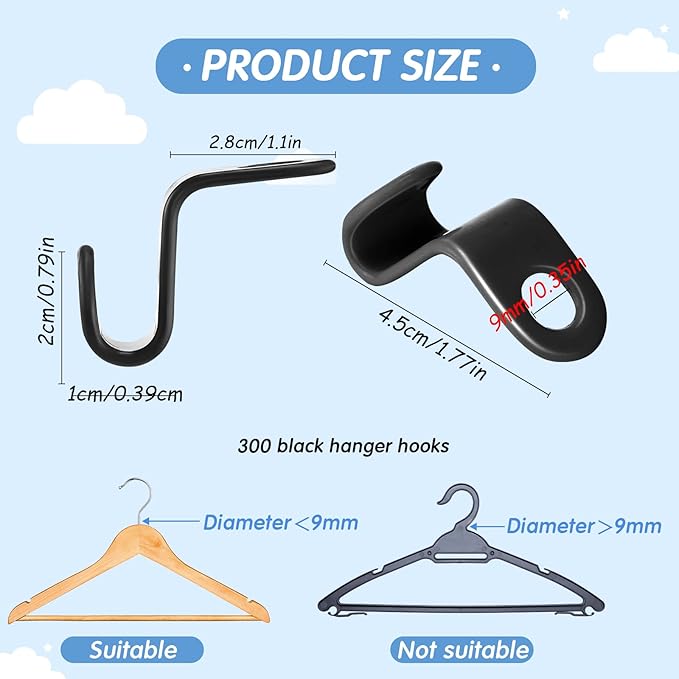 Fumete 300 Pcs Clothes Hanger Connector Hooks Extender Clips Heavy Duty Cascading Plastic Hanger Hooks Space Saver for Closet Space Saving Connection Coat Organizer(Black)