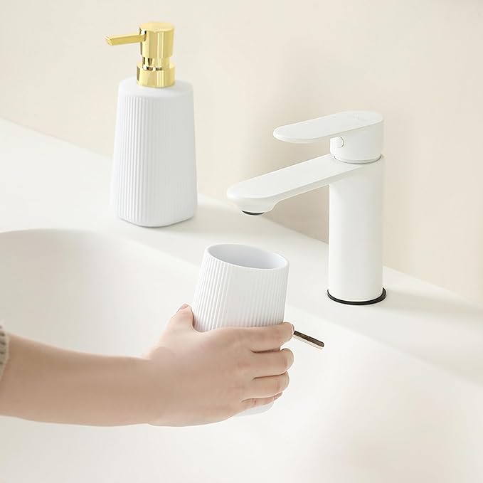 Bathroom Accessories 2 Piece Soap Dispenser and Toothbrush Holder Set Striped White and Gold