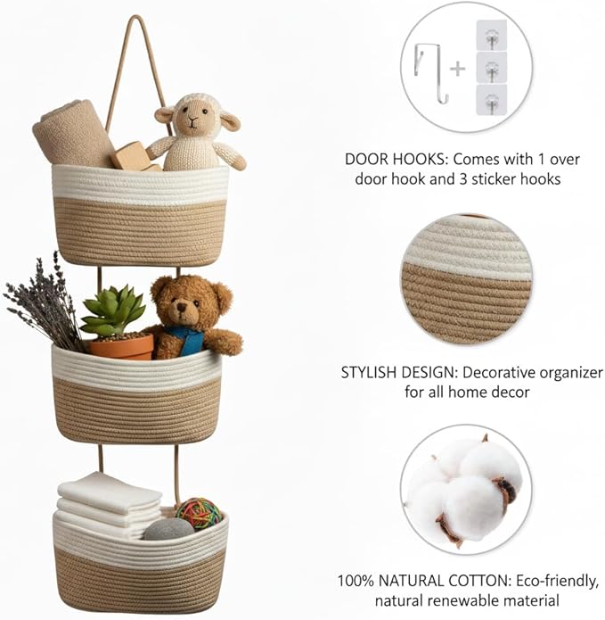 Britwicfr Hanging Wall Basket, Over the Door Hanging Basket with Hooks, 3-Tier Cotton Hanging Basket for Organizing, Decorative Boho Chic Decor for Wall, Bedroom, Living Room, Nursery, Whte & Jute