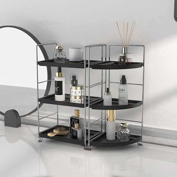 3-Tier Corner Bathroom Sink Countertop Organizer Storage Shelf Stackable Organizer for Cosmetics, Bathroom, Kitchen, Counter-Kitchen Spice Rack-Vanity Tray Makeup Shelf Holder,Black