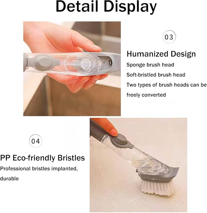 Soap Dispensing Dish Brush with Holder, Kitchen Pot Pan Scrub Brush Set with Replaceable Brush Head, Sink Cleaning Brush with Storage Tray (2-piece Brush Head Set)