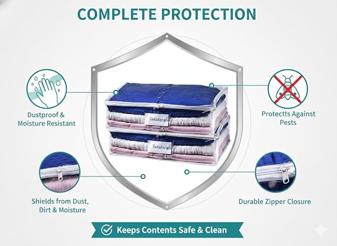 Masirs Clear Sweater Storage Bags (2-Pack) - Zippered Vinyl Organizers with Label Pocket - Protects Clothing from Dust, Dirt & Moisture - Great for Underbed, Shelves, Drawers or Closets