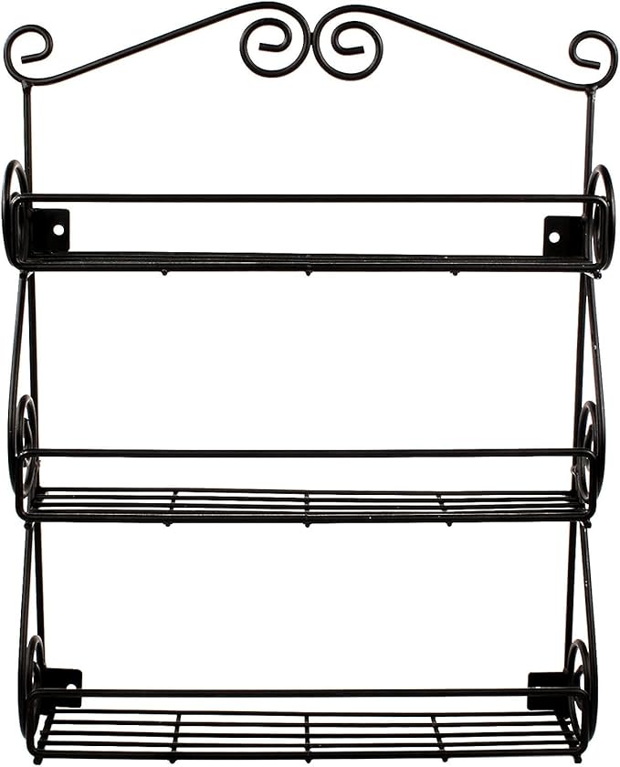 FitWell Scroll Wall Mount Spice Rack, 3-Tier, Traditional Spice Rack Cabinet & Kitchen, Beauty & Nail Polish Organizer for Bathroom, Scroll Wall-Mounted (Black)