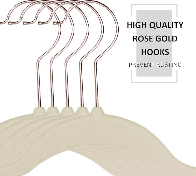 VECELO Premium Velvet Clothes Hangers Suit Heavy Duty (50 Pack)-Non Slip & Space-Saving with 6 Finger Clips & Tie Rack Excellent for Men and Women,Light Beige