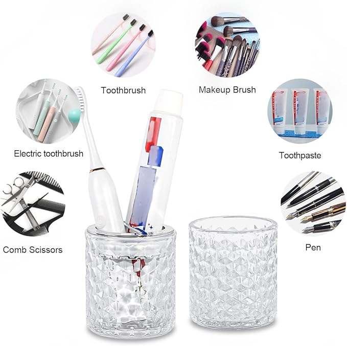 2pcs Toothbrush Holders for Bathrooms,Glass Toothbrush Holder and Bathroom Tumbler Set,Toothbrush and Toothpaste Holder with Divider,Bathroom Toothbrush Cup Holder (Clear and Silver)