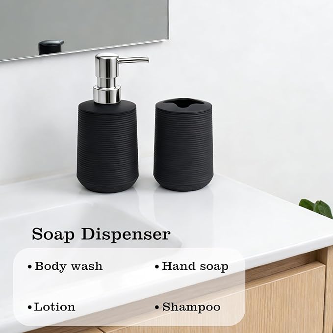 Bathroom Accessories Set, Bathroom Soap Dispenser & Toothbrush Holder Set, 2Pcs High Capacity Bathroom Set in Black, Minimalist Boho Style for Clutter-Free Bathroom