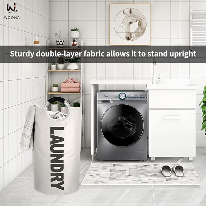 WOOHA 125L Large laundrybasket,Collapsible laundry hamper, Tall Clothes Baskets Folding Washing Bin Foldable Fabric Hamper Bags for Bedroom, Closet,Bathroom,College,laundry bag,beige