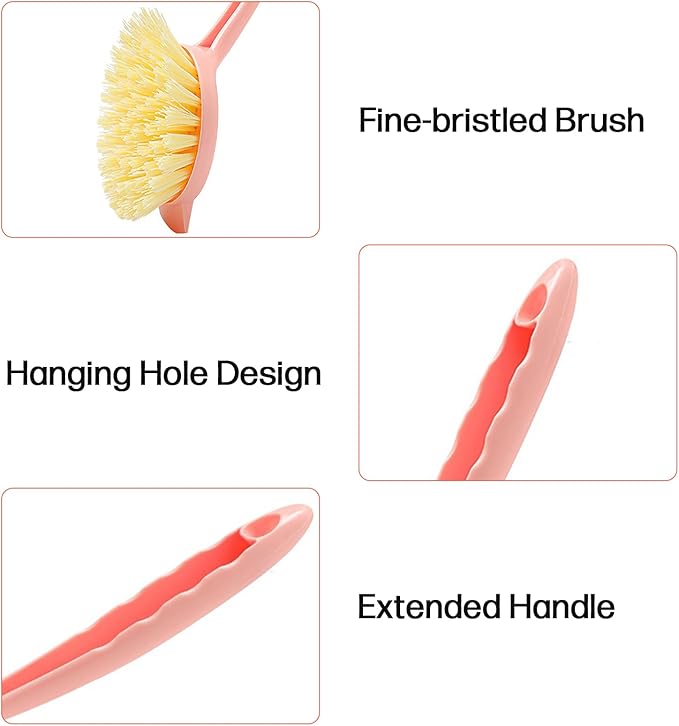 2 Pack Dish Brush with Handle – Long Handle Scrubber with Tough Bristles, Pink,Kitchen Brushes for Cleaning Pot, Sink and Stove