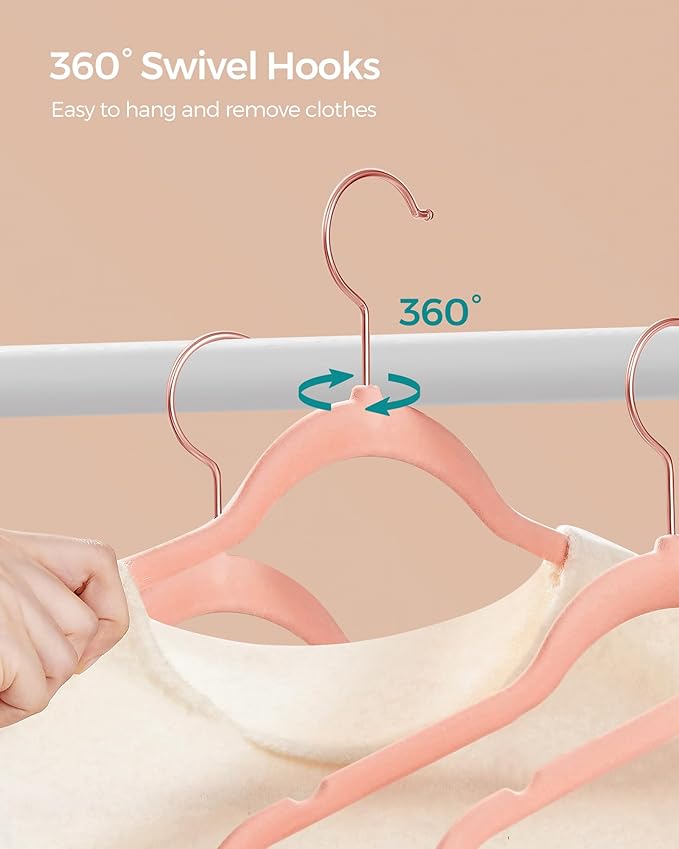 SONGMICS Slim Velvet Hangers, Non-Slip Clothes Hangers with Rose Gold Swivel Hooks, Space-Saving, for Closet, 100 Pack, Pink UCRF026R100