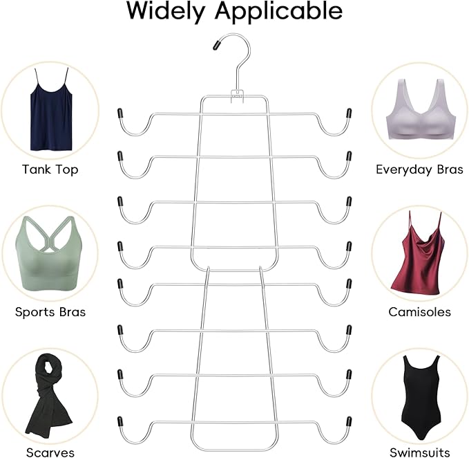 TomCare 4 Pack Space Saving Hangers，2Pack Tank Top Hanger and 2Pack Leggings Organizers for Closet Pants Hangers with 20 Clips Bra Organizers with 16 Hooks Stainless Steel Hanging Closet Organizer