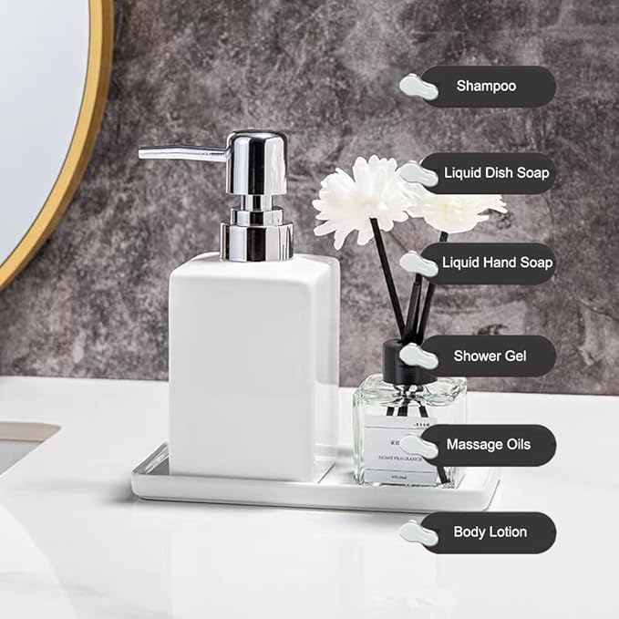 White Ceramic Soap Dispenser and Toothbrush Holder,3-Piece Bathroom Accessories Set Modern Square Countertop Bath Set,Liquid Soap Dispenser,Tumbler Cup,Wooden Vanity Tray