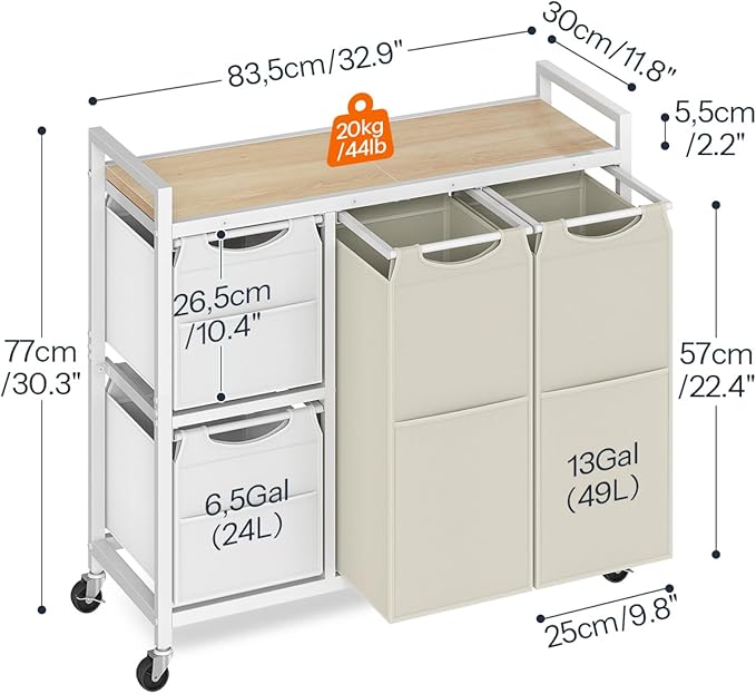 HOOBRO Laundry Sorter with 4 Section, 39 Gal. (147 L) Laundry Hamper with Wheels, Rolling Laundry Basket with Shelves, Pull-Out Detachable Bags, Side Pockets, White, Natural and Beige WNE14XY01N1