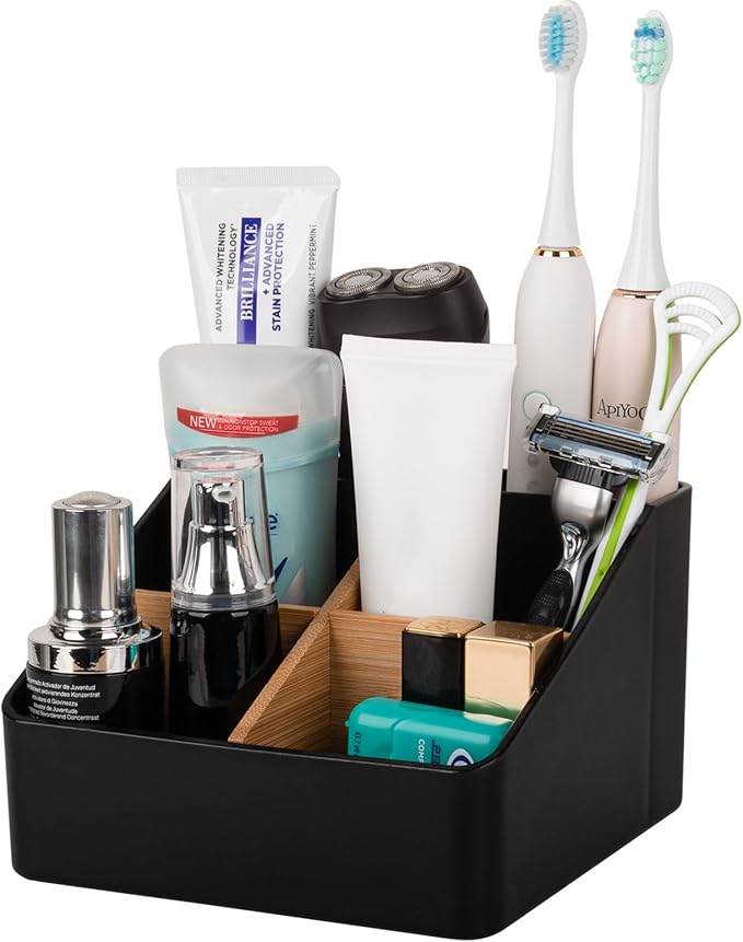Toothbrush Holder for Bathrooms, 5 Slots Tooth Brush Holder with Detachable Bamboo Dividers, Countertop Organizer for Electric Toothbrushes, Toothpaste, Razors, Floss - Black