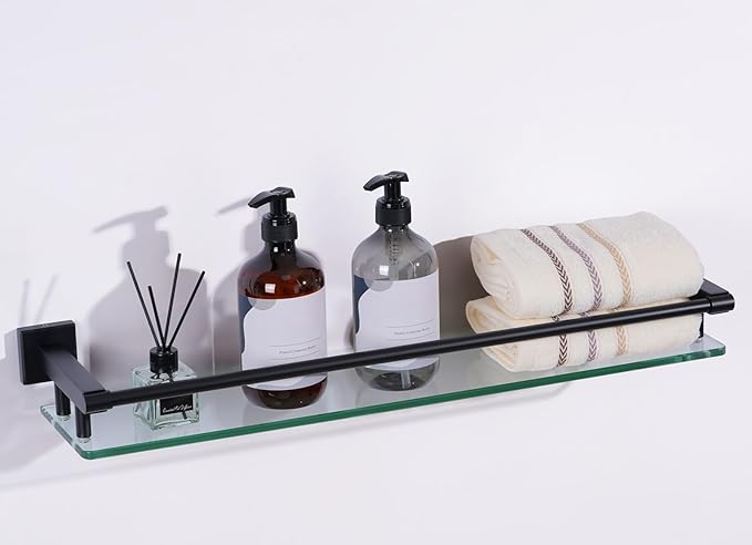 SFGSOWOR Glass Shelf for Bathroom Wall Sheves 24 inch Rectangular Stainless Steel Tempered Glass Modern Stainless Steel Wall Mount Accessories Organizers Storage (Matte Black)