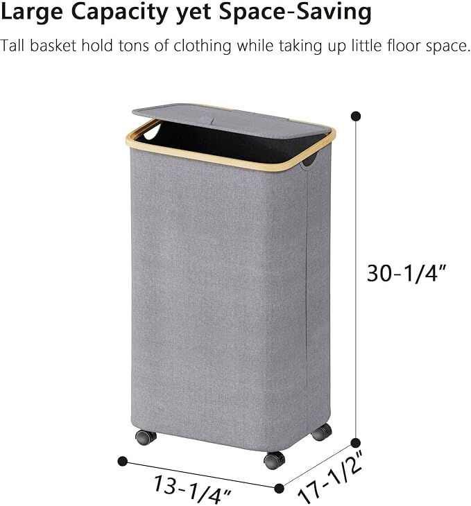 SUOCO Laundry Hamper on Wheels 100L, Clothes Basket with Lid and Bamboo Handles, Foldable Laundry Hamper for Bedroom, Bathroom, Dorm, Laundry Room - Grey