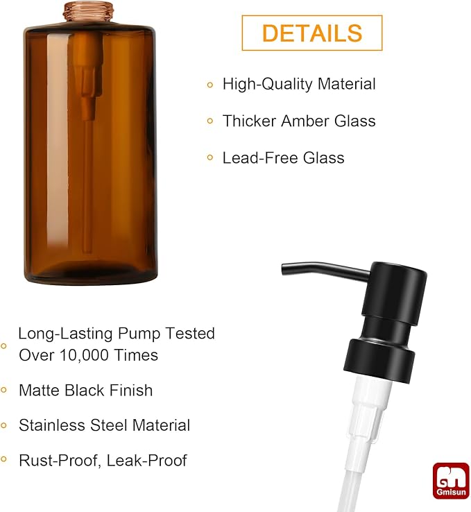GMISUN Amber Glass Soap Dispenser, Hand Soap Dispenser for Bathroom, Dish Soap Dispensers for Kitchen, 12 fl oz/350ml Glass Bottle with Stainless Steel Pump, Modern Refillable Liquid Lotion Bottles