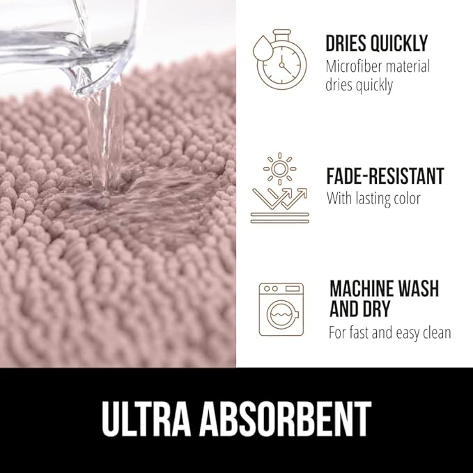 GORILLA GRIP Bath Rug Mat 60x24, Soft Absorbent Chenille, Quick Dry Microfiber Mats, Rubber Backing Washable Shower Floor Rugs, Bathmat Runner, US Designed Bathroom Home Decor Accessories Dusty Rose