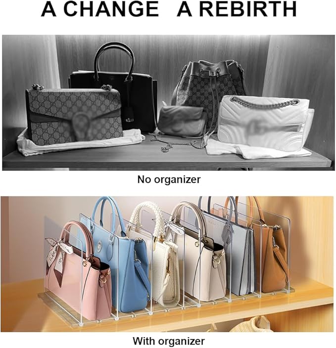 Bag Purse Organizer for Closet, Adjustable Shelf Dividers Clear Handbag Storage, Acrylic Clutch Dividers Closet Organizers, Keep Carteras Pocketbook Upright 2 Sets