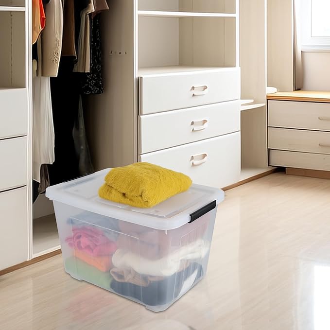 Haodehen 70 Quart Clear Plastic Large Storage Box with Wheels, 4-Pack Plastic Storage Bins with Lids