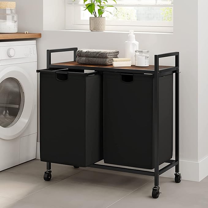 WOWLIVE Double Laundry Hamper with Lid,Rolling Laundry Basket Organizer with Wheels, Iron-Made Laundry Sorter with Top Shelf and 2 Removable Bags,Large Clothes Storage for Room,Black 1