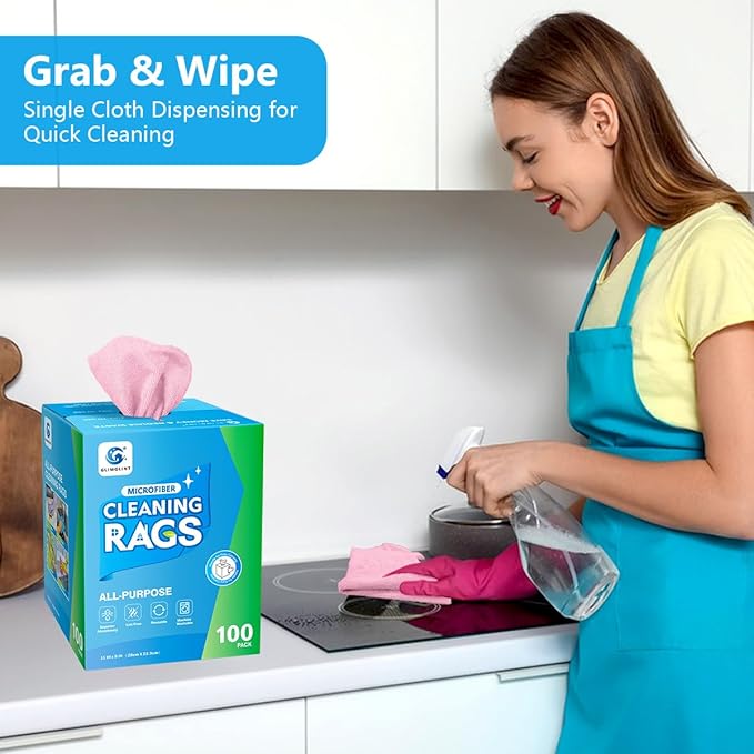 GLIMGLINT Pink Microfiber Cleaning Cloth, 100 Pack Cleaning Rags, Lint-Free, Ultra Absorbent Reusable Paper Towels for Home, Kitchen, Car, Garage or Shop, Dish Rags, 11" x 9"