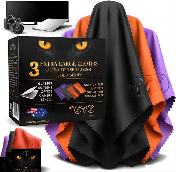 Extra Large Microfiber Screen Cleaning Cloths | 12"x12", 230 GSM | Australian Designed | Eyeglass, Glasses, Camera, Screen, TV, Laptop & Headset Cleaning Cloths | 3 Packs, Bold Series