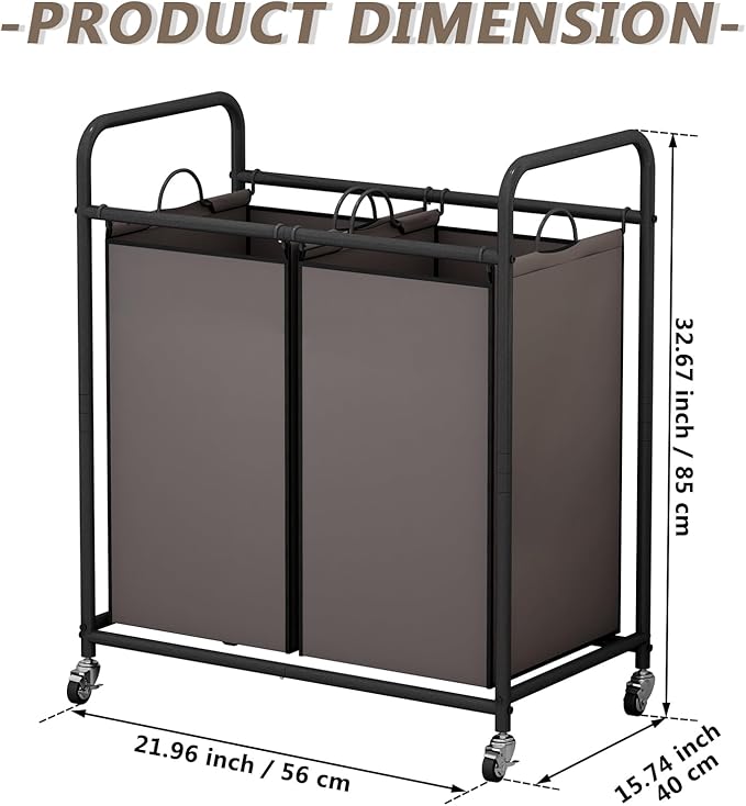 SUOERNUO Laundry Hamper Basket 2 Bag Laundry Sorter Cart with Rolling Lockable Wheels and Removable Bags Laundry Organizer Cart for Clothes Storage, Assorted