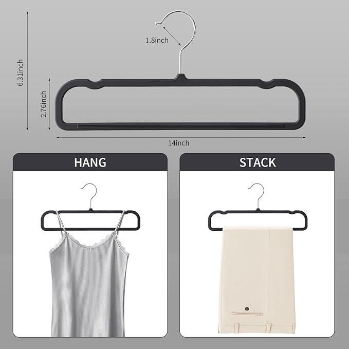 HUADYMEET 14 Inch Soft-Touch Pants Hangers Non Slip, 20 Pack Slim Silky Feel Jeans Trousers Shorts Hangers with 10 Hooks,Strong Durable Thin Space Saving Clothes Hanger for Men Women,Skirts(Black)