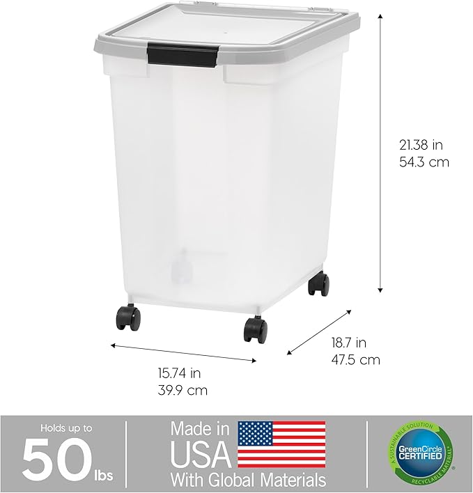 IRIS USA Airtight Dog Food Storage Container, WeatherPro, Up to 50 lbs, Removable Wheels, for Dog Cat Bird and Other Pet Food Storage Bin, Keep Fresh, Translucent Body, Made in USA, Clear/Gray
