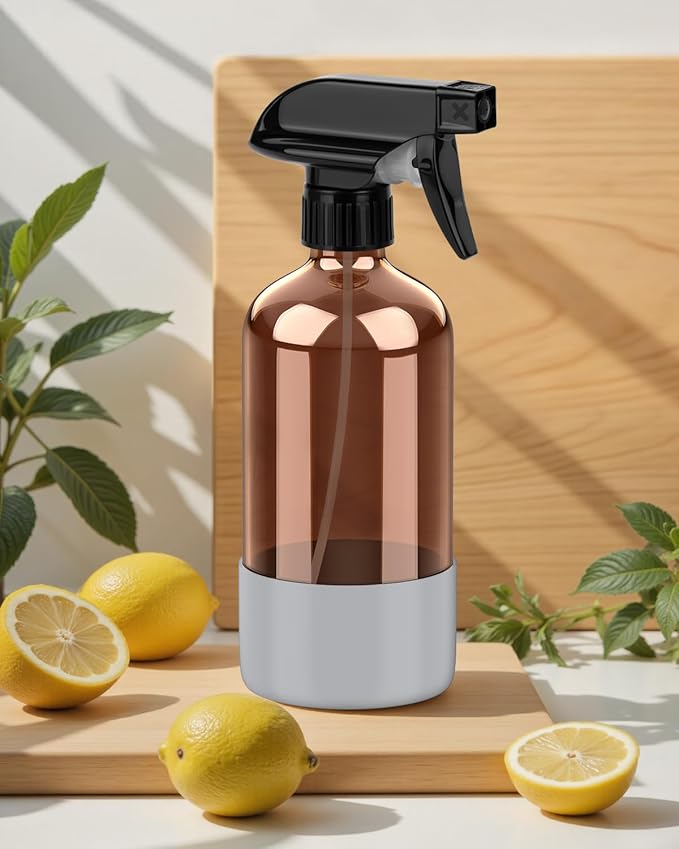Amber Glass Spray Bottle with Silicone Sleeve Protection, 16 oz Refillable Spray Bottle for Cleaning Solutions, Plants, Aromatherapy, Facial Hydration (Grey Sleeve(Amber Bottle)
