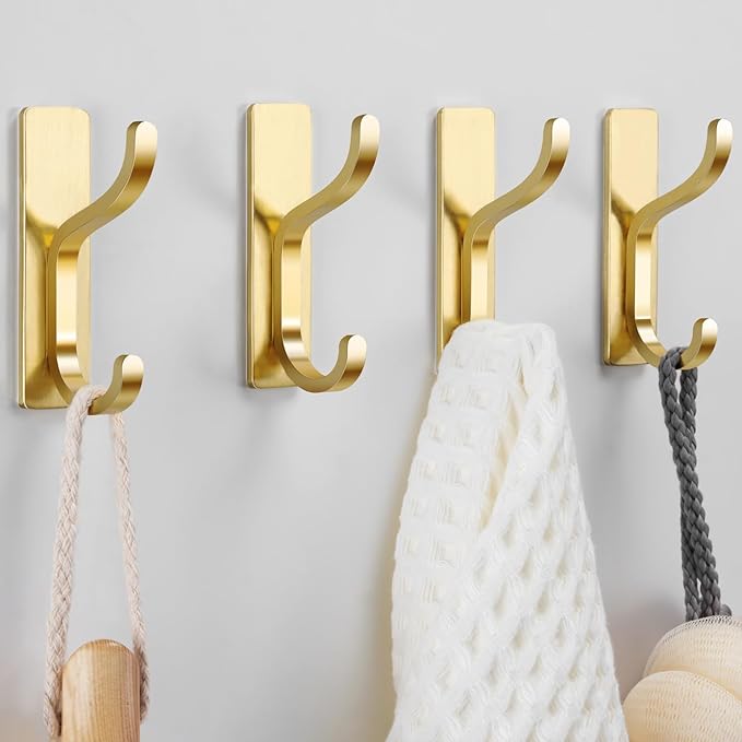 niffgaff Wall Hooks for Coat and Towel: 13lb Adhesive Door Hanger Stick On, Sticky Hook for Wall, Closet, Bathroom - Stainless Steel, Brushed Gold, 10 Pack