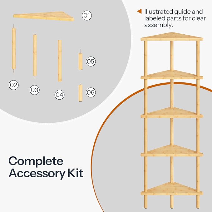 HOOBRO Corner Shelf Stand, 5-Tier Bamboo Corner Bookshelf, Plant Display Shelf, Corner Bookcase, Multipurpose Shelving Unit for Small Space, Living Room, Easy Assembly, Natural YL20CJ01