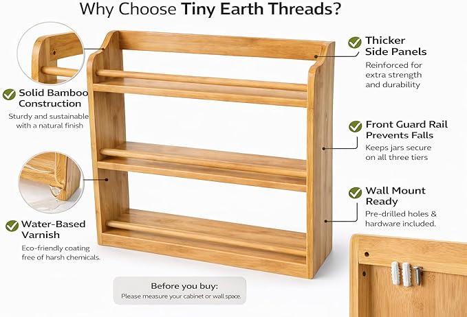 Bamboo Spice Rack Organizer – 3 Tier Countertop or Wall Mounted – Solid Natural Bamboo – Kitchen Spice Shelf Storage – Space Saving Organizer